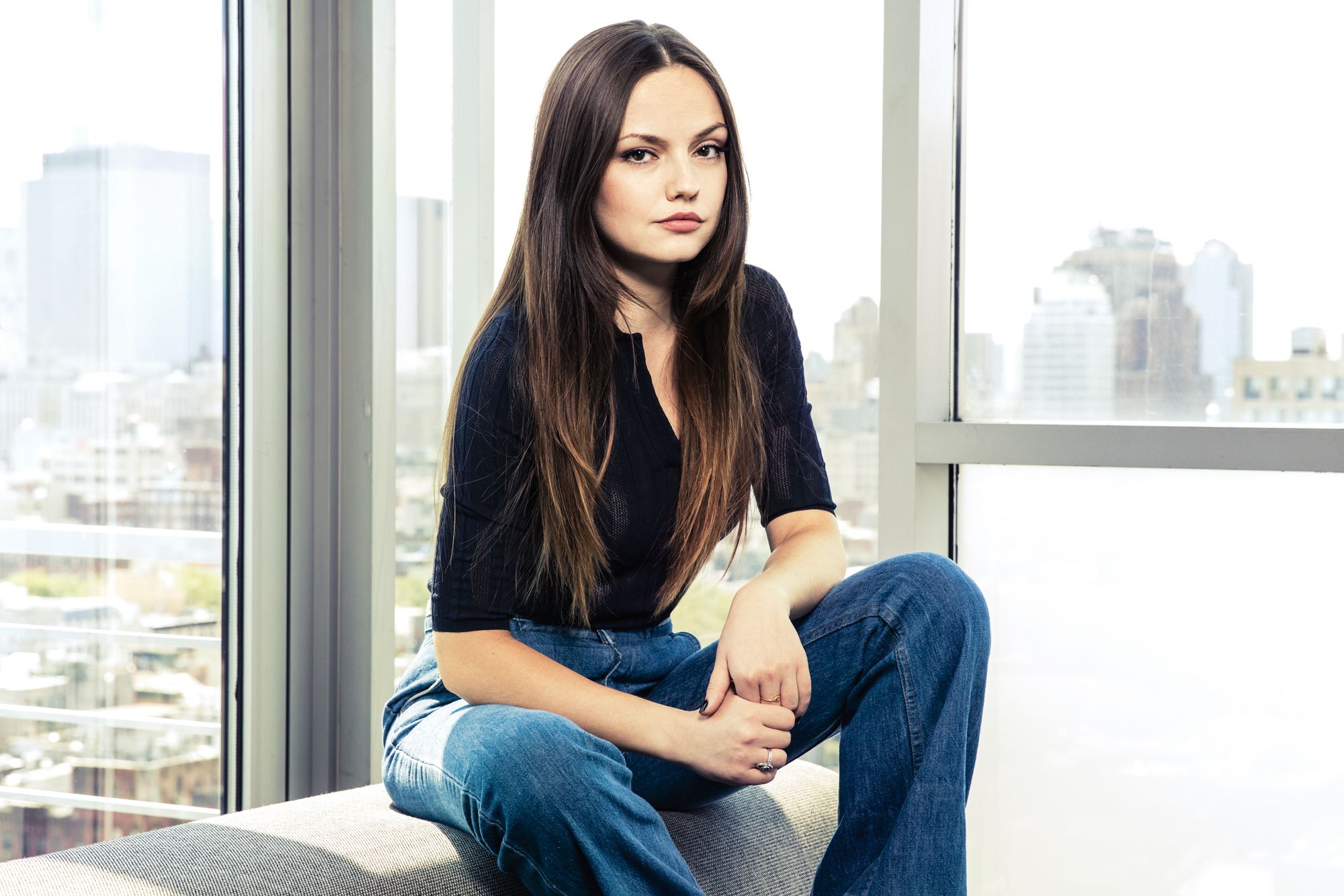 Emily Meade Black Top Blue Jeans Body