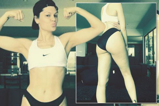 Jessie J in White Sports Bra and Black Bottoms